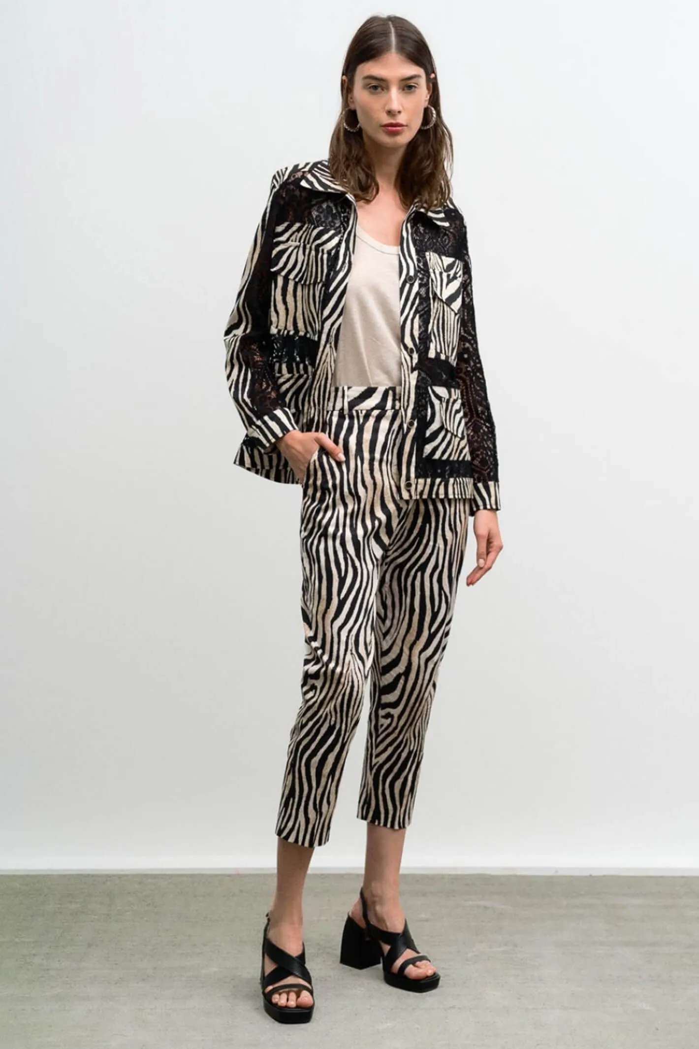 Access Fashion 5080 Beige Zebra Print Straight Leg Trousers