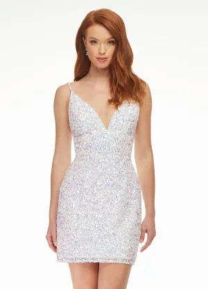 Ashley Lauren 4436 Size 4 AB Ivory Cocktail Dress wide waistband sequins short homecoming dress