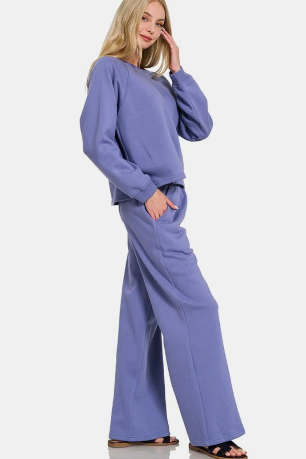 Dusty Blue Round Neck Raglan Sleeve Top and Elastic Waist Pants Set
