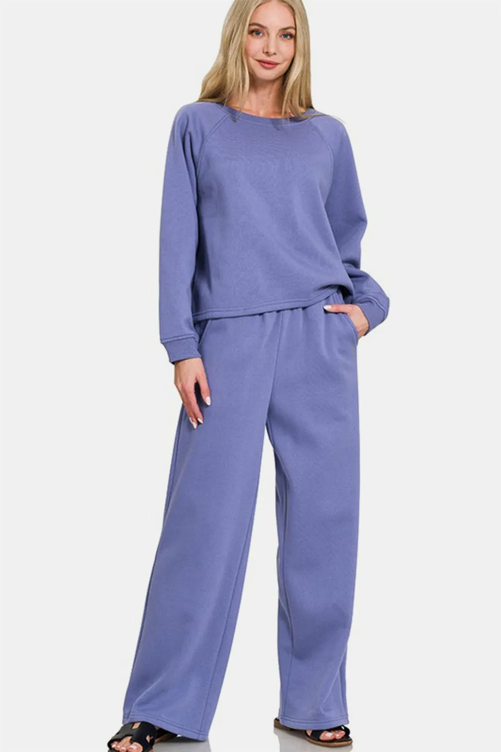 Dusty Blue Round Neck Raglan Sleeve Top and Elastic Waist Pants Set