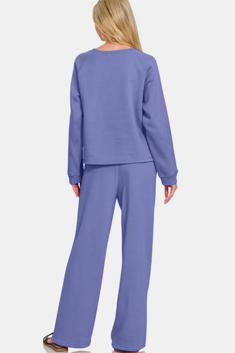 Dusty Blue Round Neck Raglan Sleeve Top and Elastic Waist Pants Set