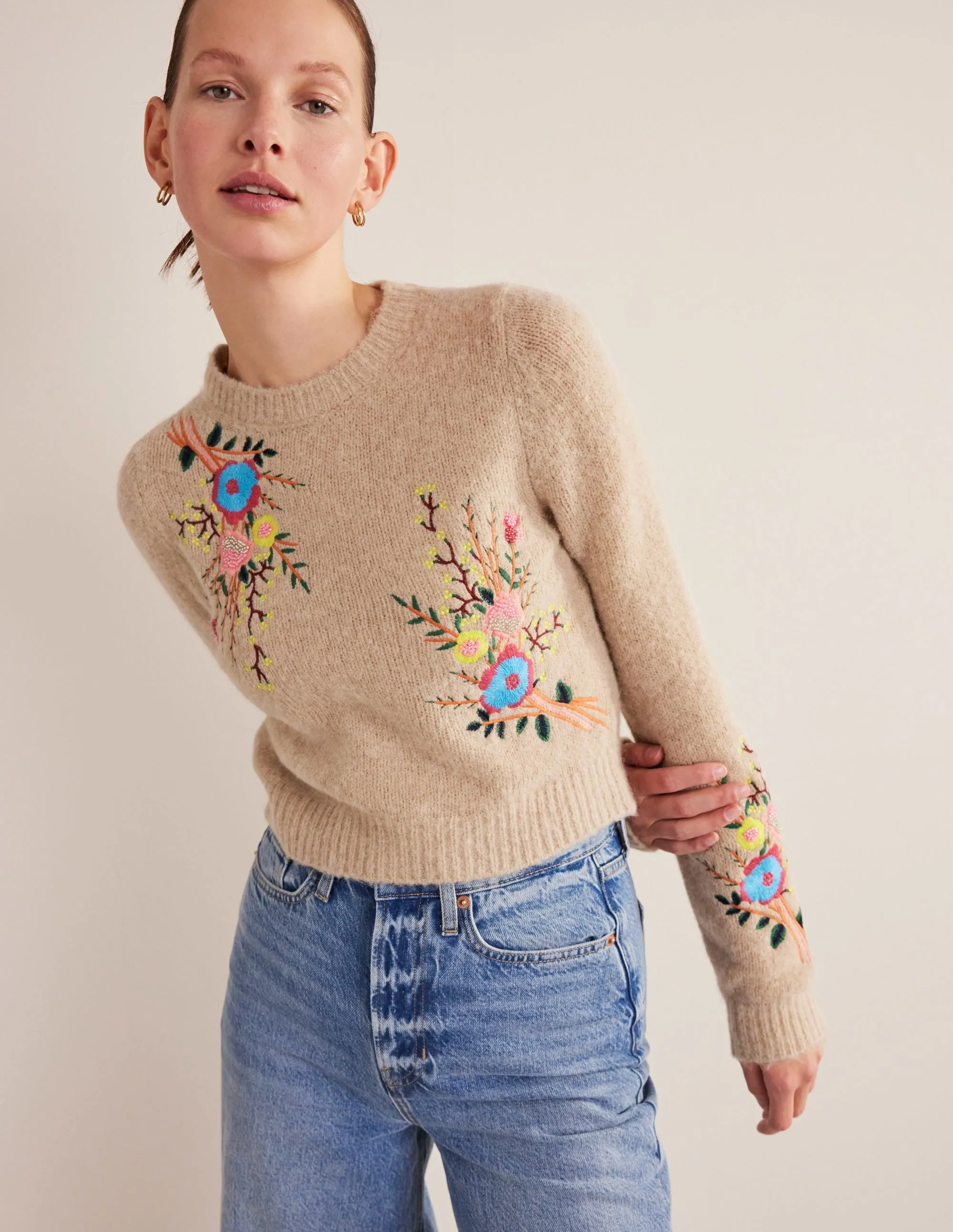 Fluffy Floral Detail Jumper-Chinchilla Melange Floral