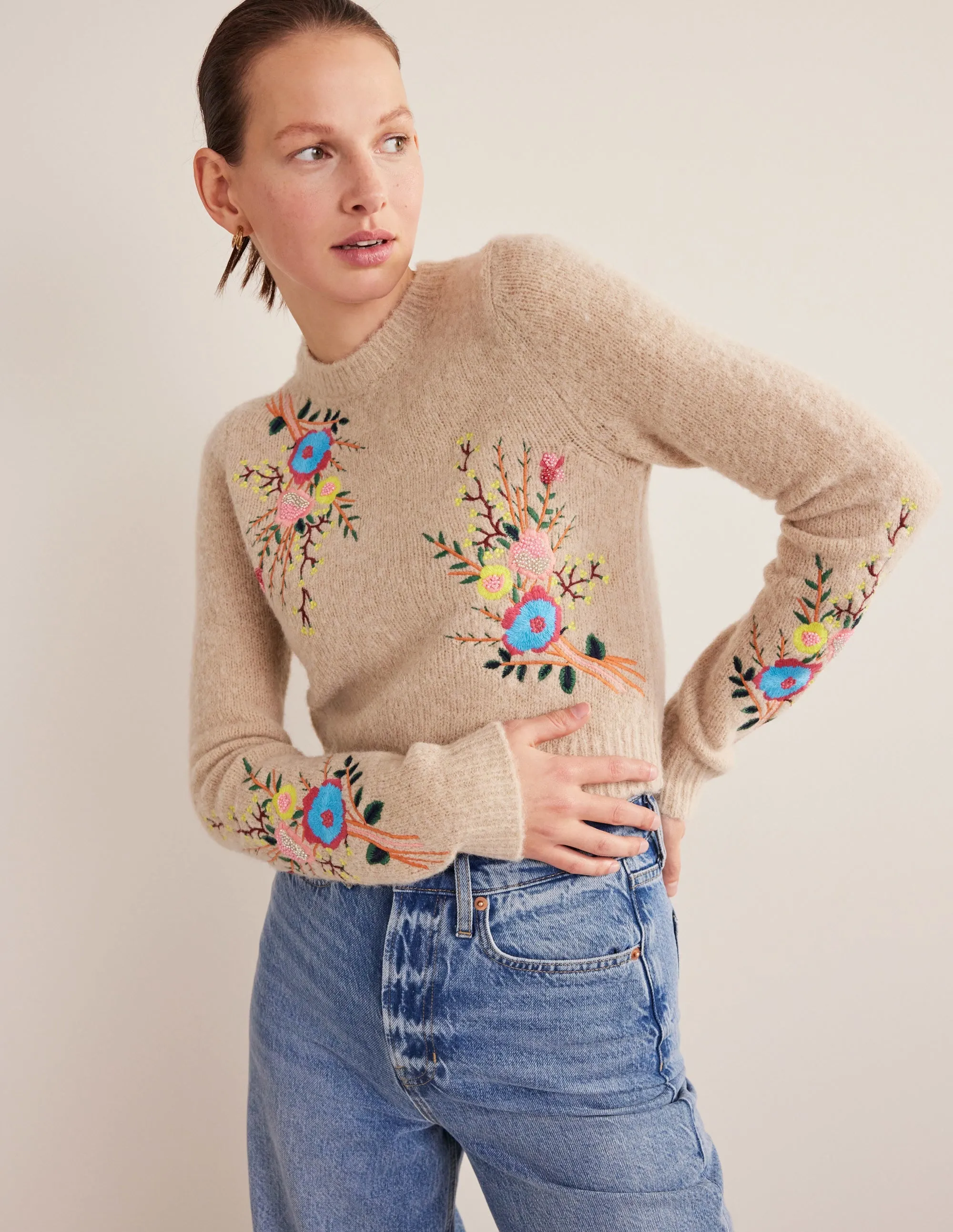 Fluffy Floral Detail Jumper-Chinchilla Melange Floral
