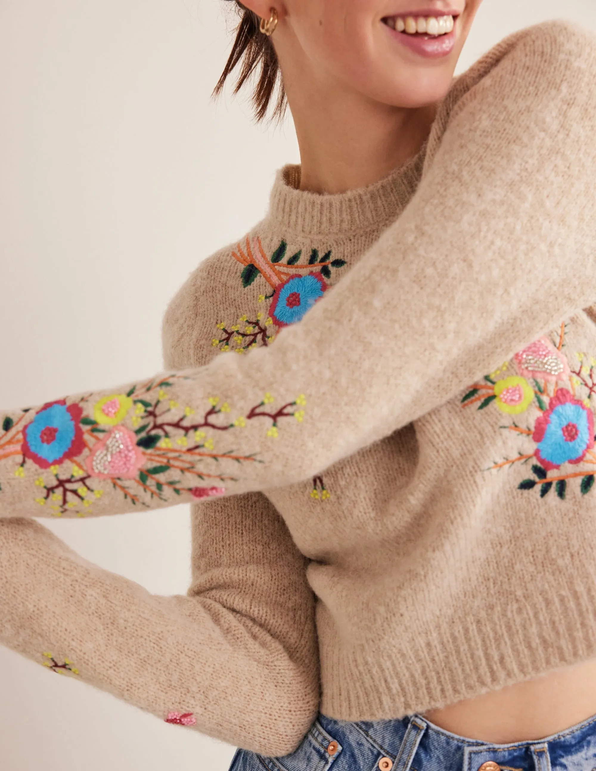 Fluffy Floral Detail Jumper-Chinchilla Melange Floral