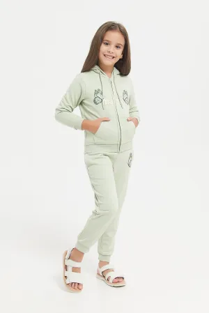 Girls Green Hooded Zip Thru Jogger Set (2 Piece)