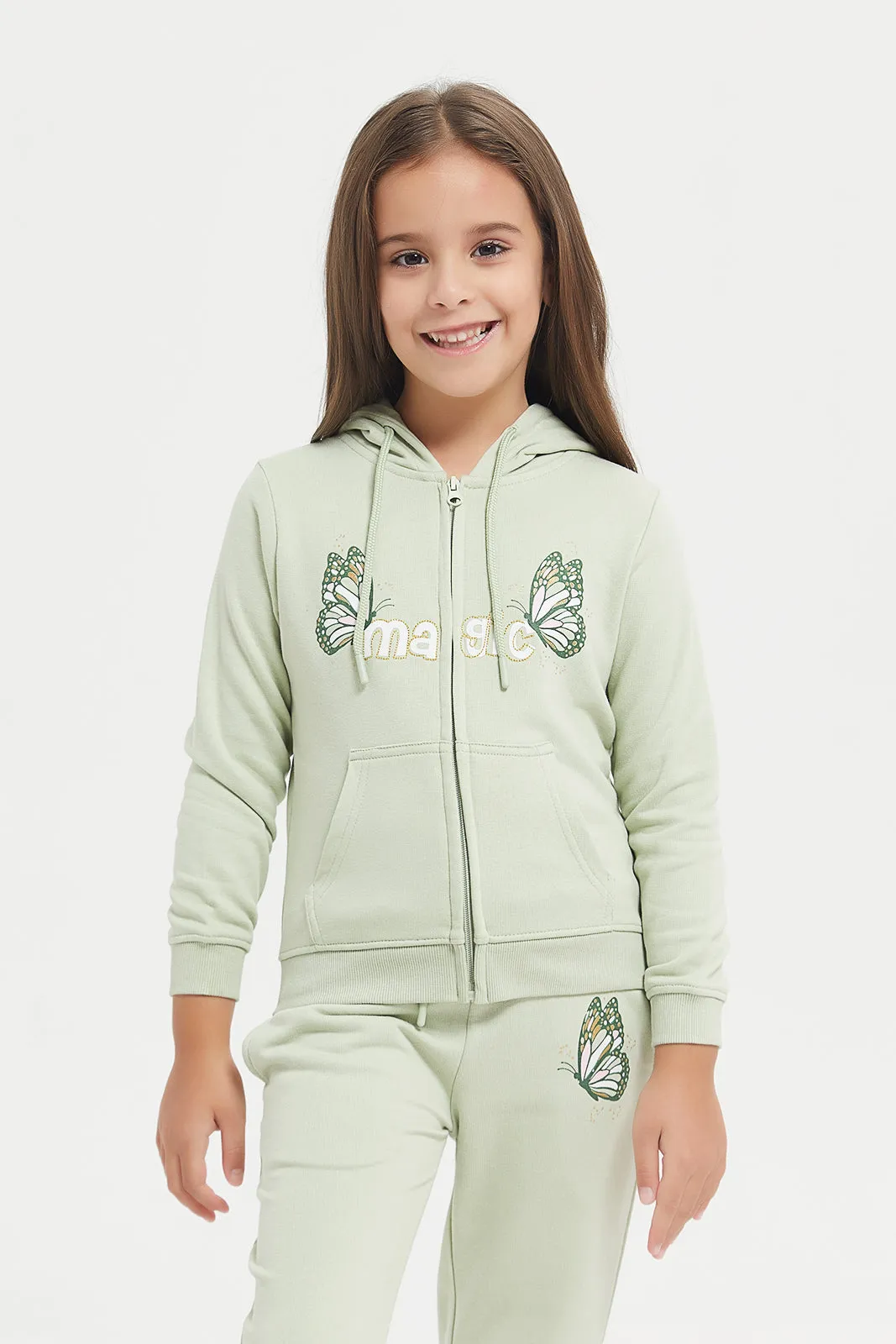 Girls Green Hooded Zip Thru Jogger Set (2 Piece)