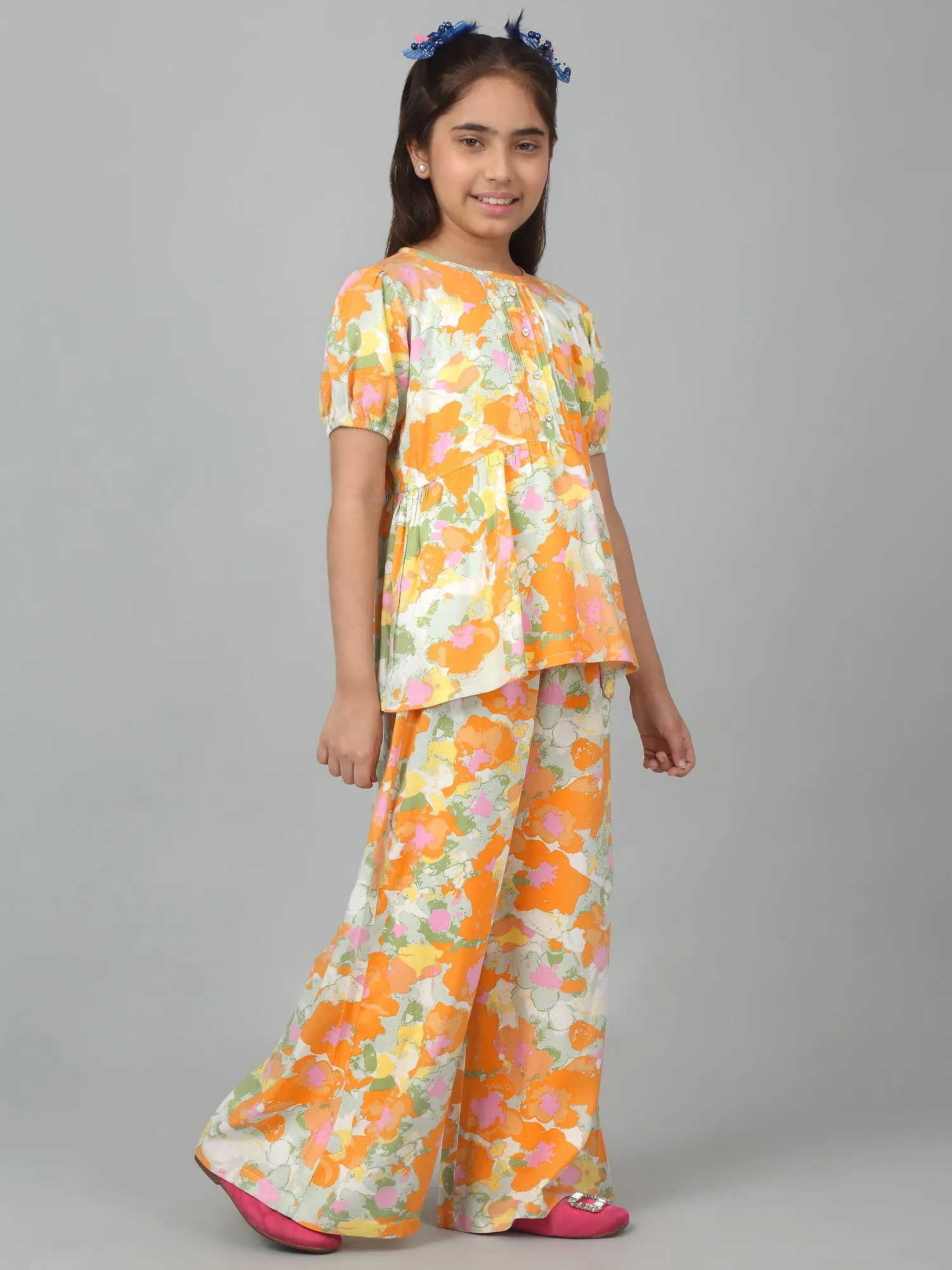 Girl's Orange Printed Co-Ord Set