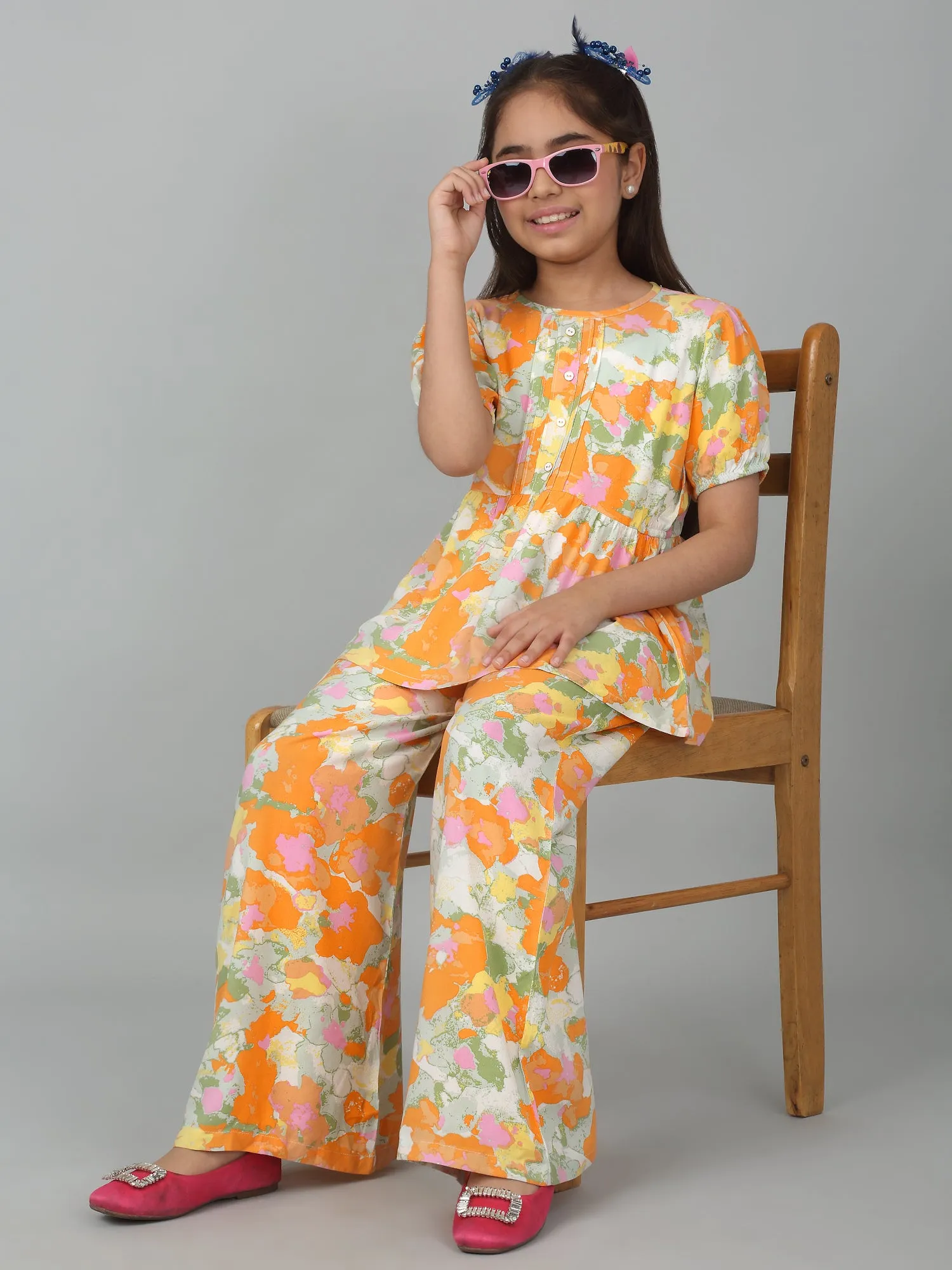Girl's Orange Printed Co-Ord Set