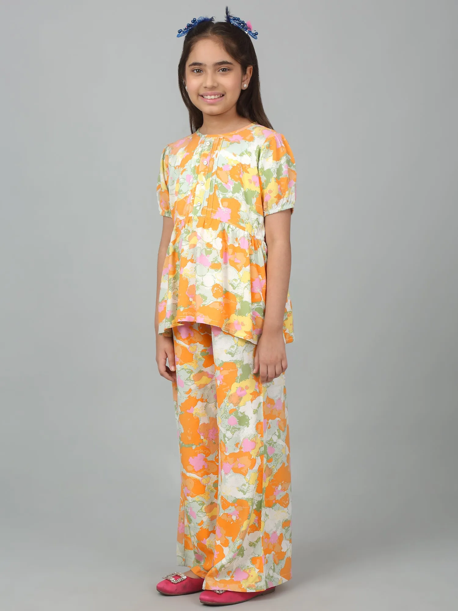 Girl's Orange Printed Co-Ord Set