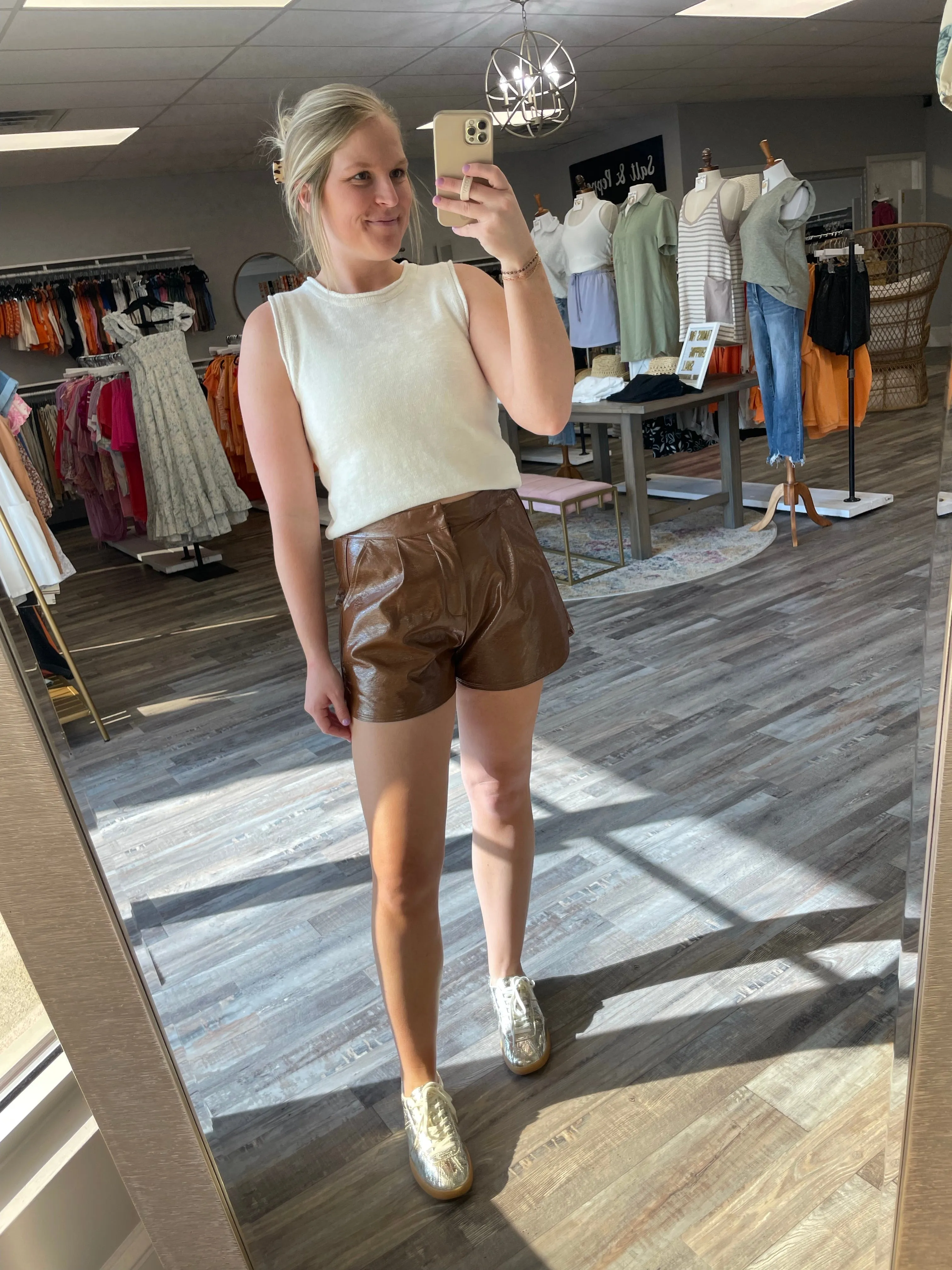 High Waisted Leather Shorts - Brown