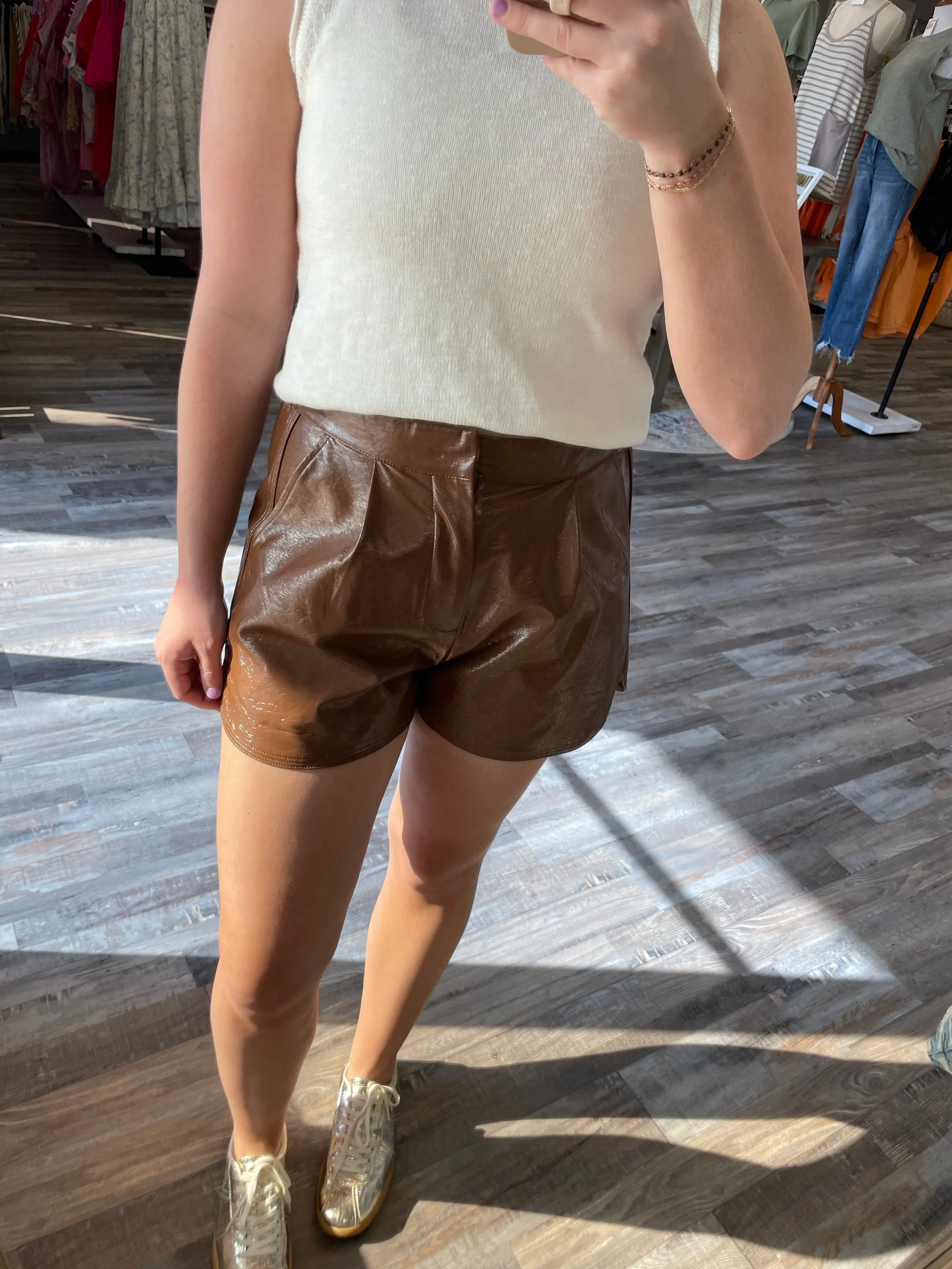 High Waisted Leather Shorts - Brown