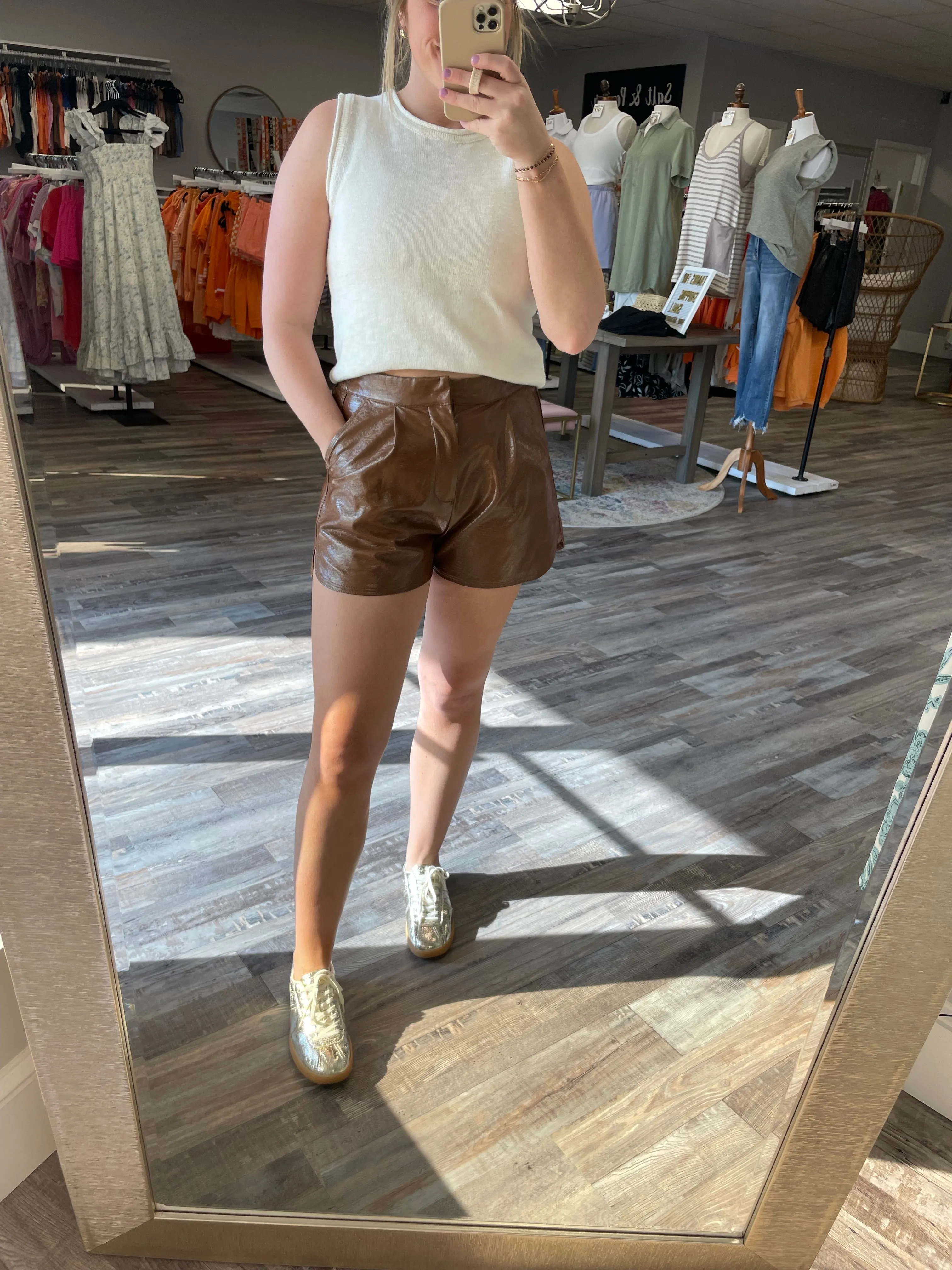High Waisted Leather Shorts - Brown