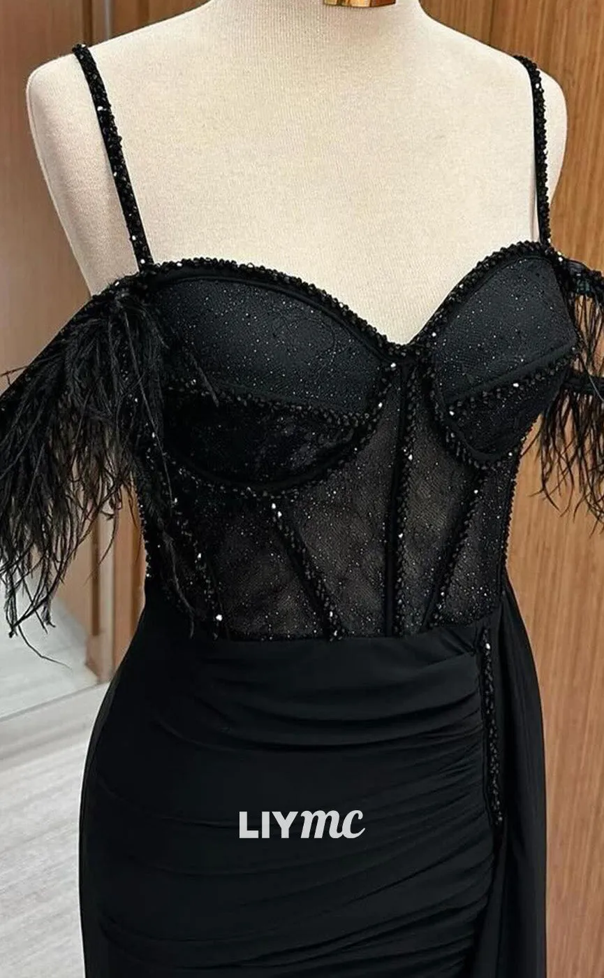 LP2248 - Off-Shoulder Spaghetti Straps Appliques Pleated Cocktail Dress Prom Dress