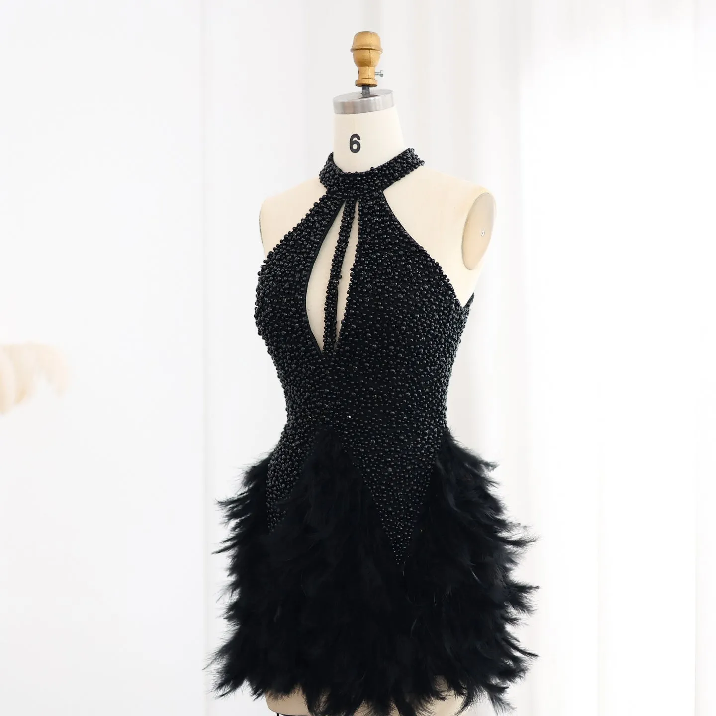 Luxury Feathers Pearls Nude Short Cocktail Party Dress SS149