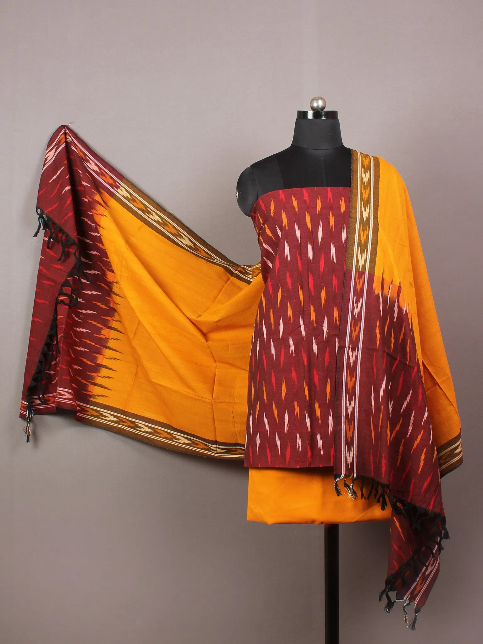 Maroon Yellow White Ikat Handwoven Cotton Suit Fabric Set of 3 - S1002027