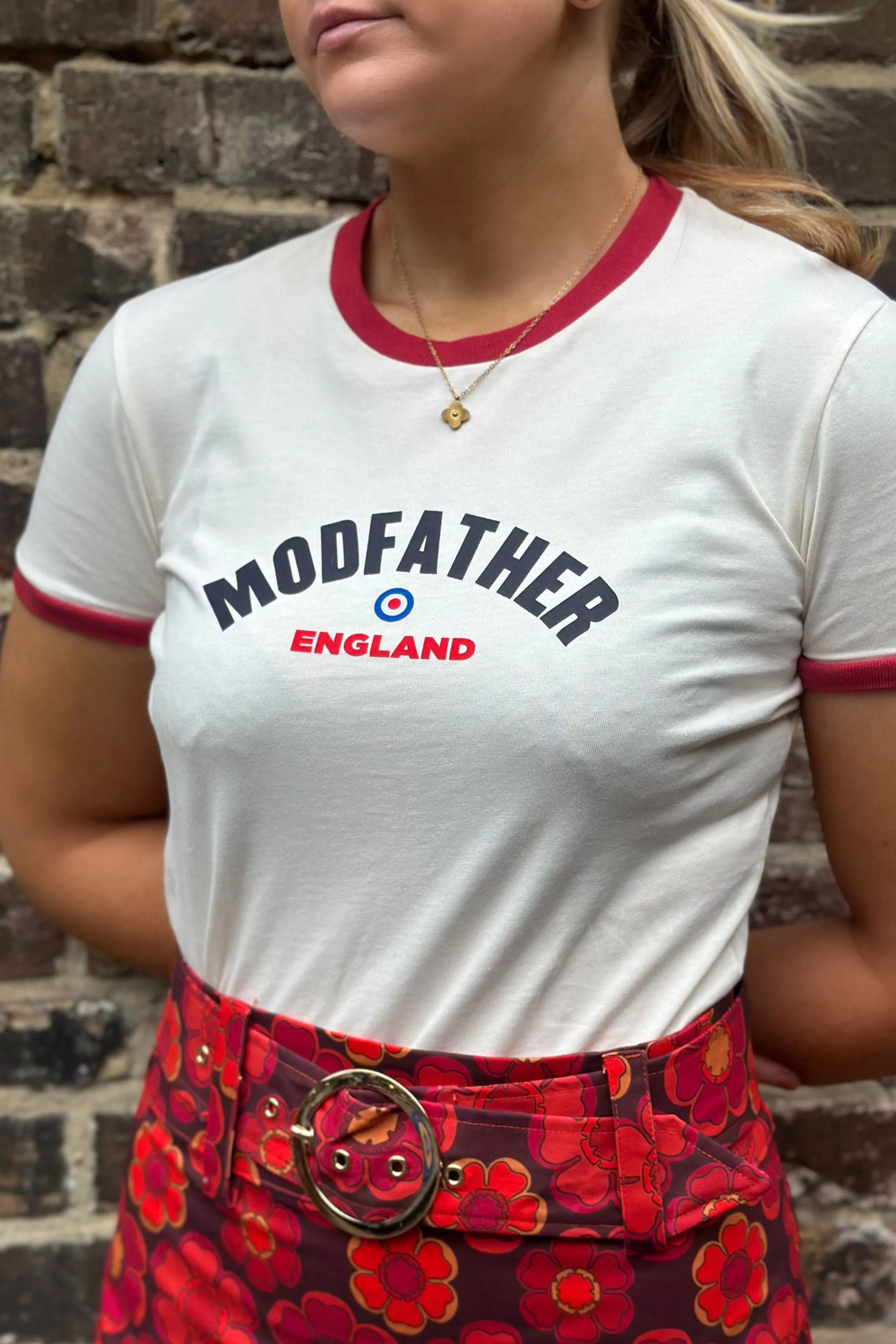 Modfather Clothing - Women's Logo Script Ecru / Red - T-Shirt