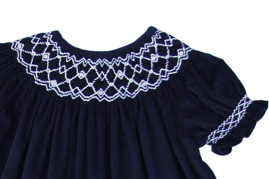 Navy Cord Girls Smocked Bishop Dress Christmas and Special Occasions