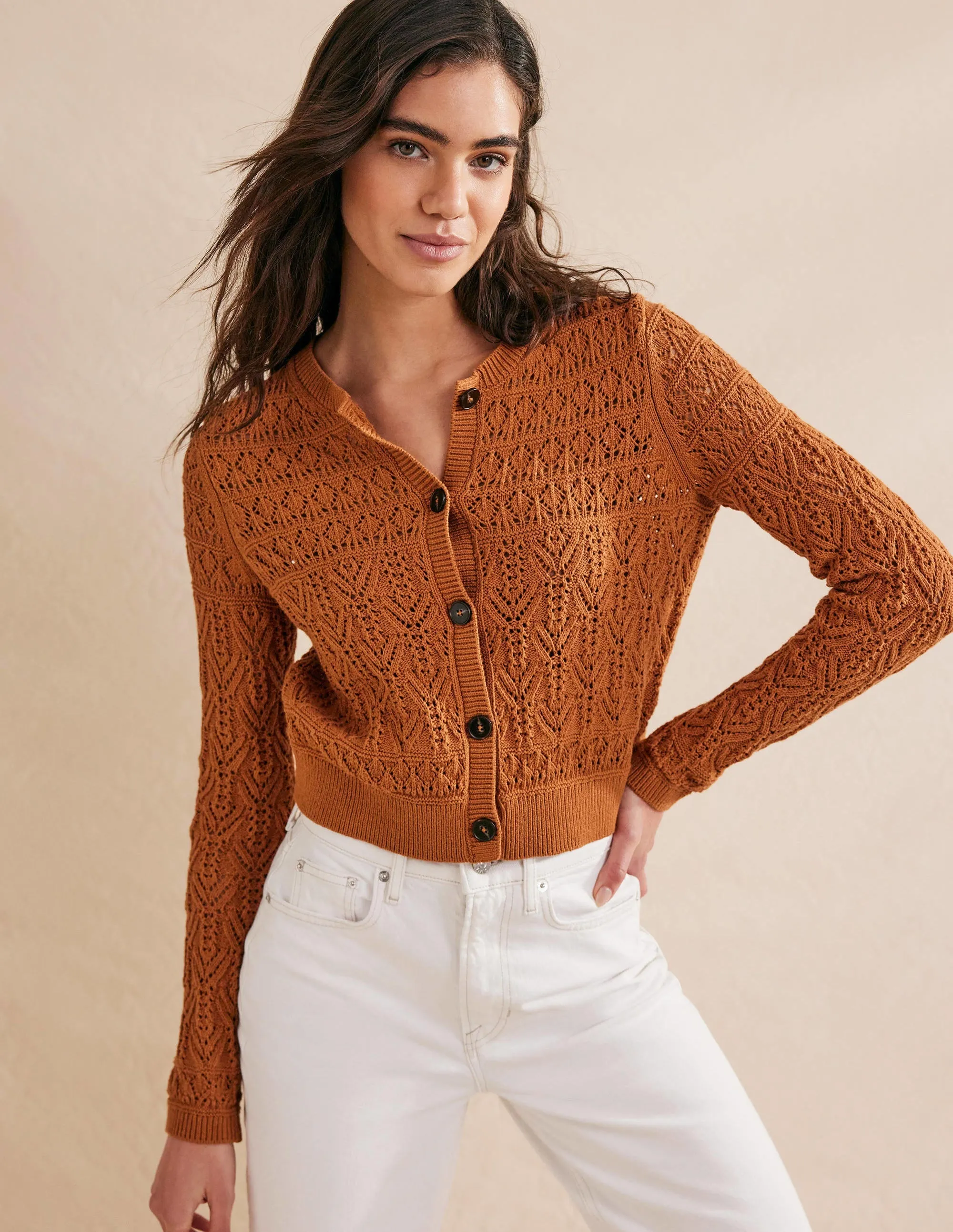 Pointelle Cotton Cardigan-Maple