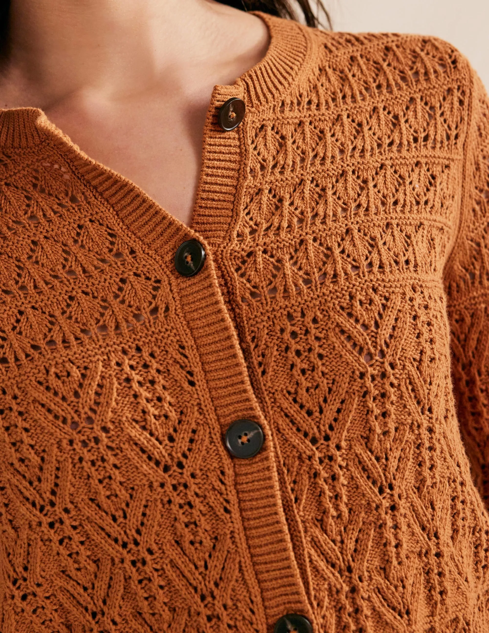 Pointelle Cotton Cardigan-Maple