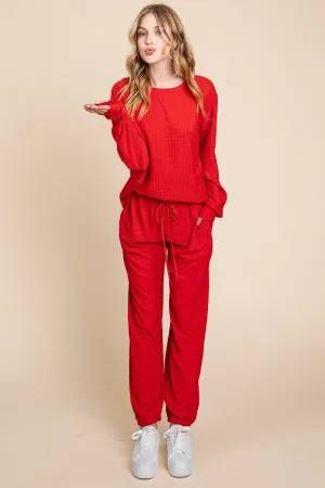 Red Full Size Crinkle Check Round Neck Top and Pants Lounge Set