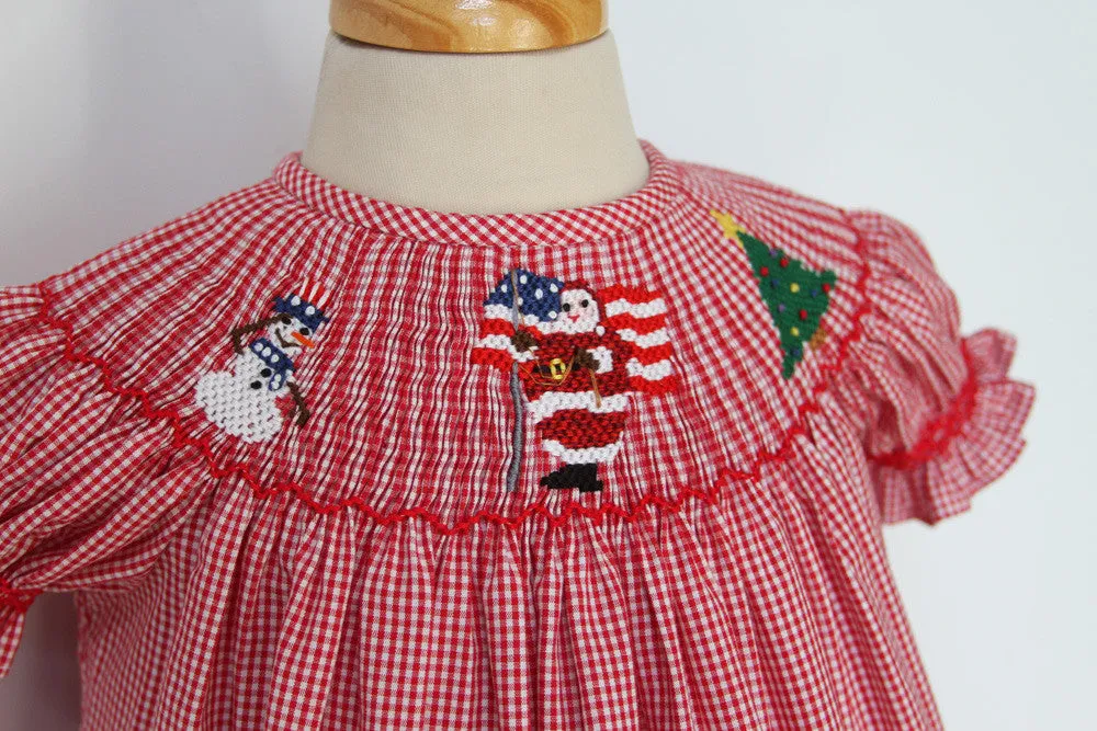 Smocked Red Christmas Bishop Girls Dress with Santa and Snowman Size 6 yrs.