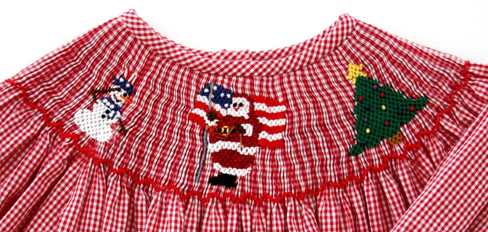 Smocked Red Christmas Bishop Girls Dress with Santa and Snowman Size 6 yrs.