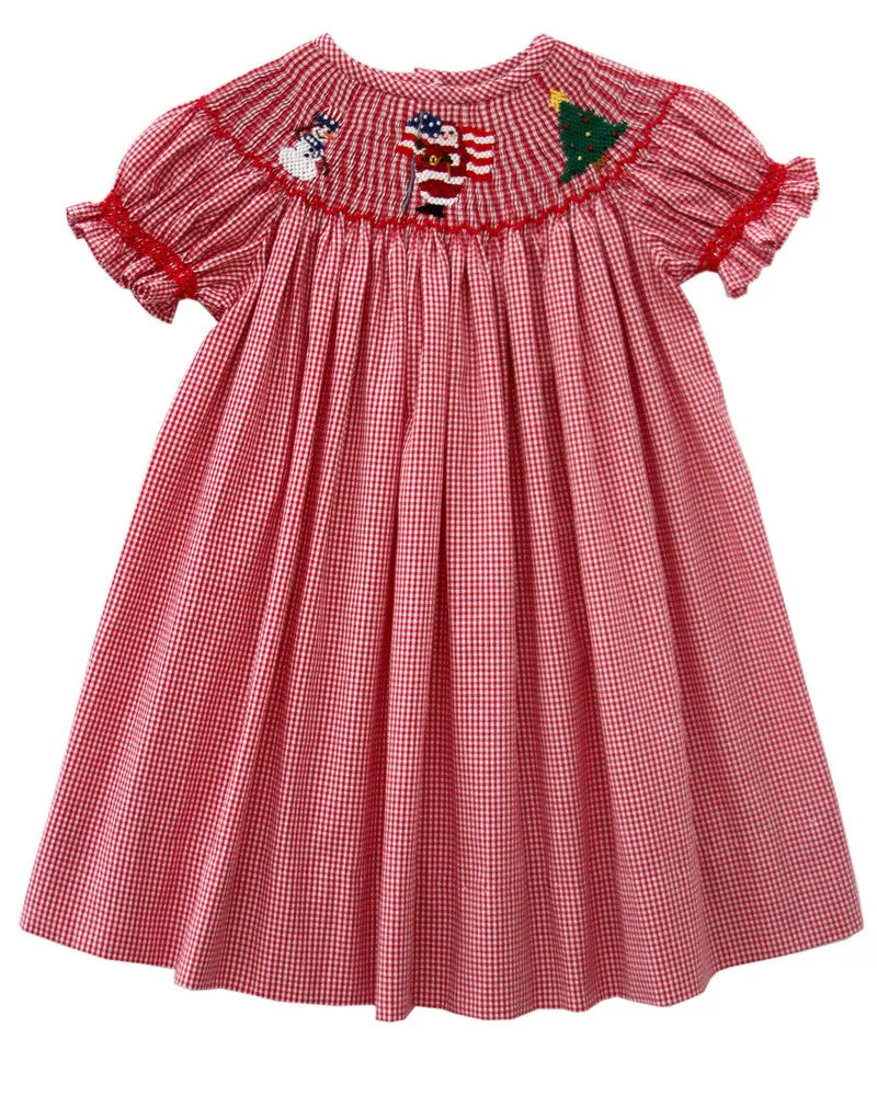 Smocked Red Christmas Bishop Girls Dress with Santa and Snowman Size 6 yrs.
