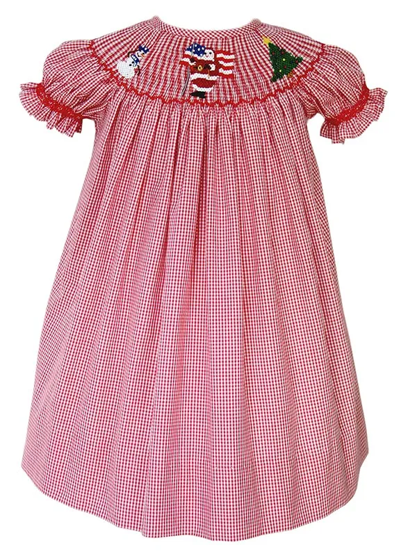 Smocked Red Christmas Bishop Girls Dress with Santa and Snowman Size 6 yrs.