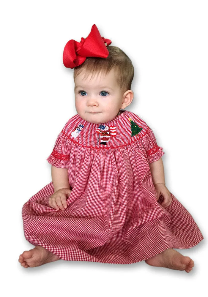Smocked Red Christmas Bishop Girls Dress with Santa and Snowman Size 6 yrs.