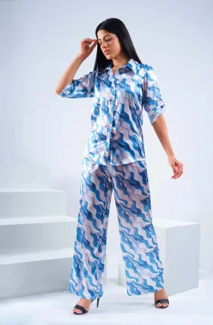 White and Blue Wave Pattern Coord Set