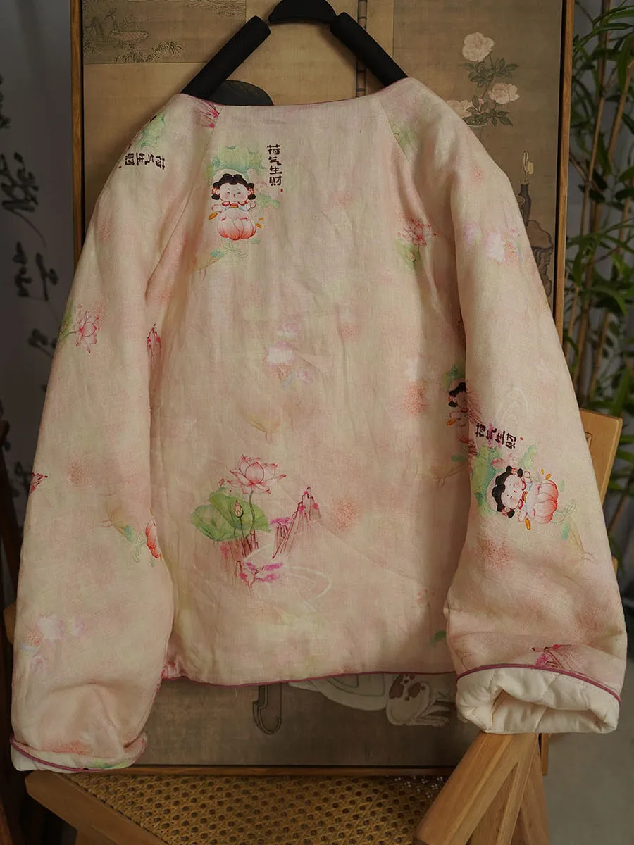 Women Autumn Ethnic Flower Linen O-Neck Padded Coat