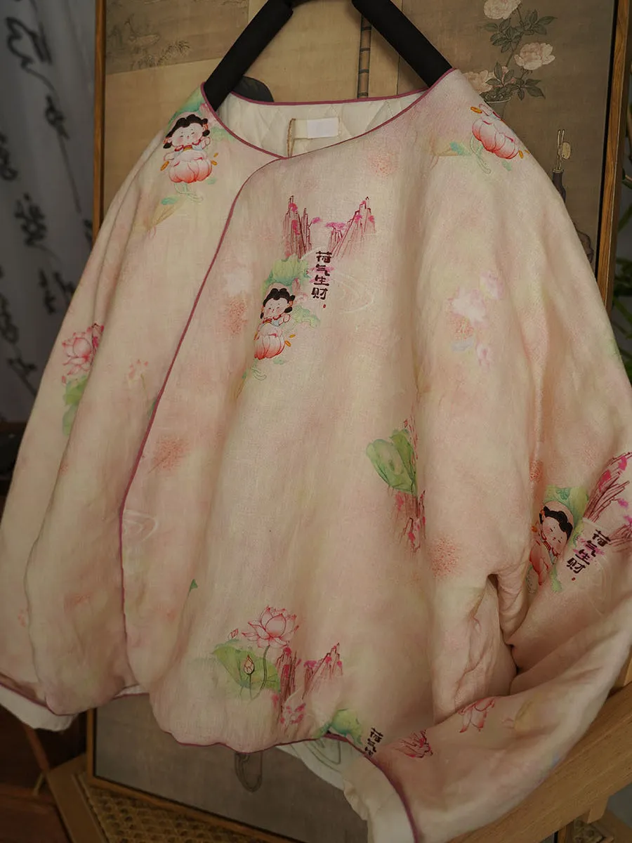 Women Autumn Ethnic Flower Linen O-Neck Padded Coat