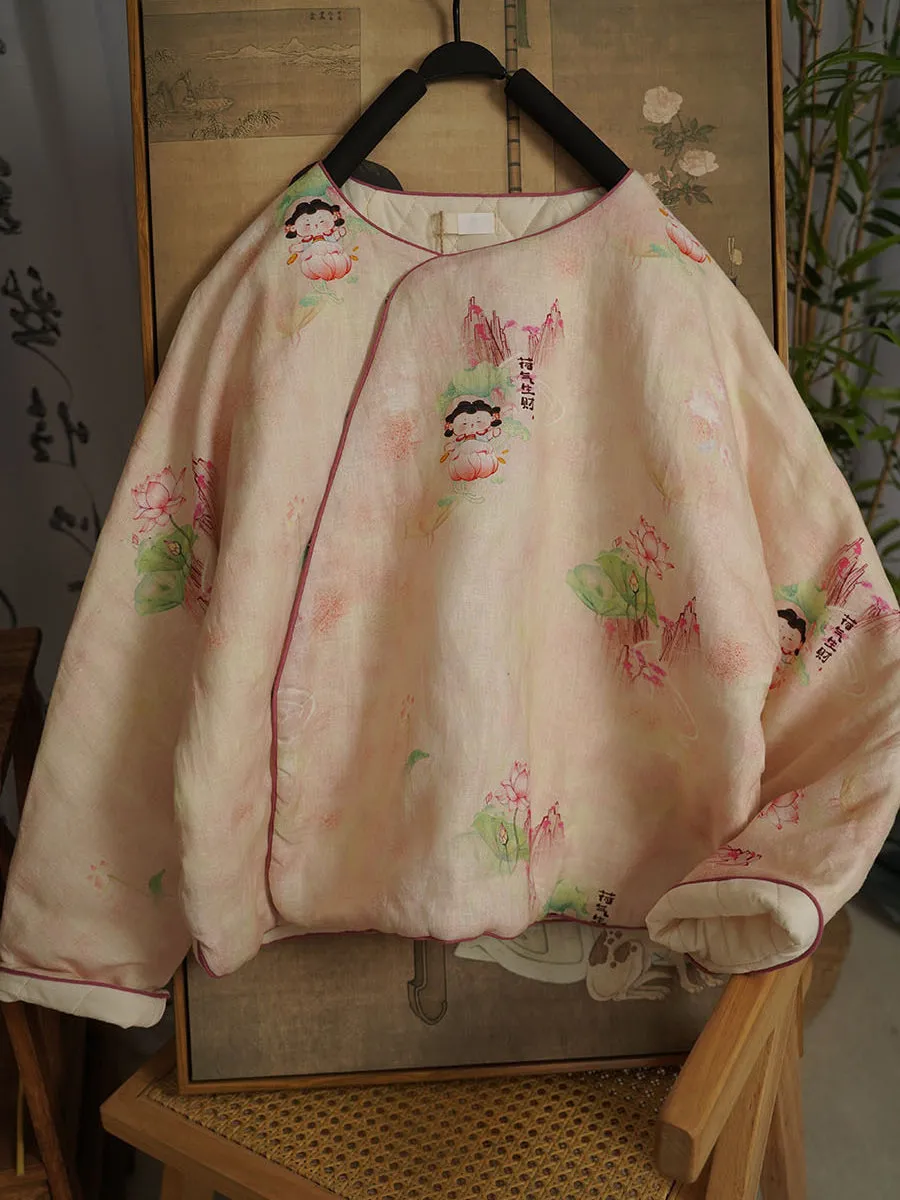 Women Autumn Ethnic Flower Linen O-Neck Padded Coat